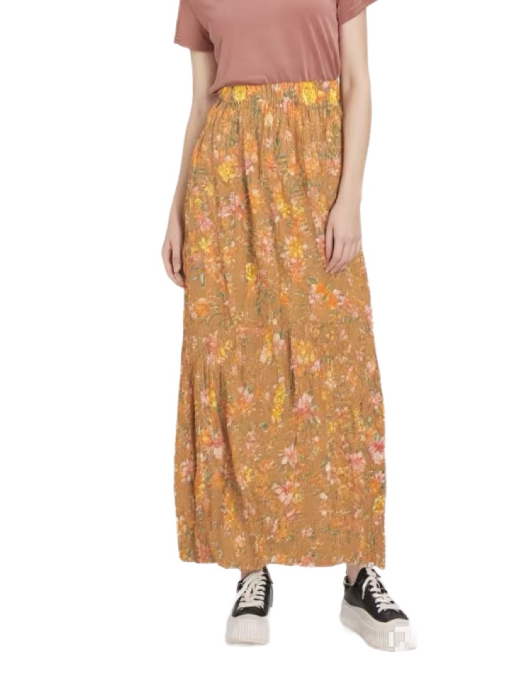 Wild Skye NWT Tiered Boho Peach Floral Maxi Skirt in Peach & Pink Size Small